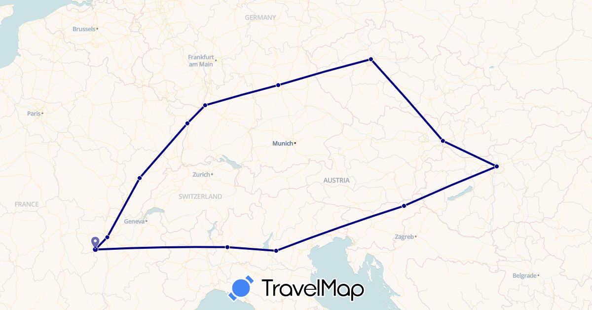 TravelMap itinerary: driving in Czech Republic, Germany, France, Hungary, Italy, Slovenia, Slovakia (Europe)