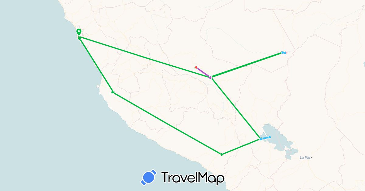 TravelMap itinerary: driving, bus, train, hiking, boat in Peru (South America)